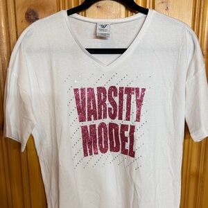 Varsity White Tee with Pink Glitter Graphic